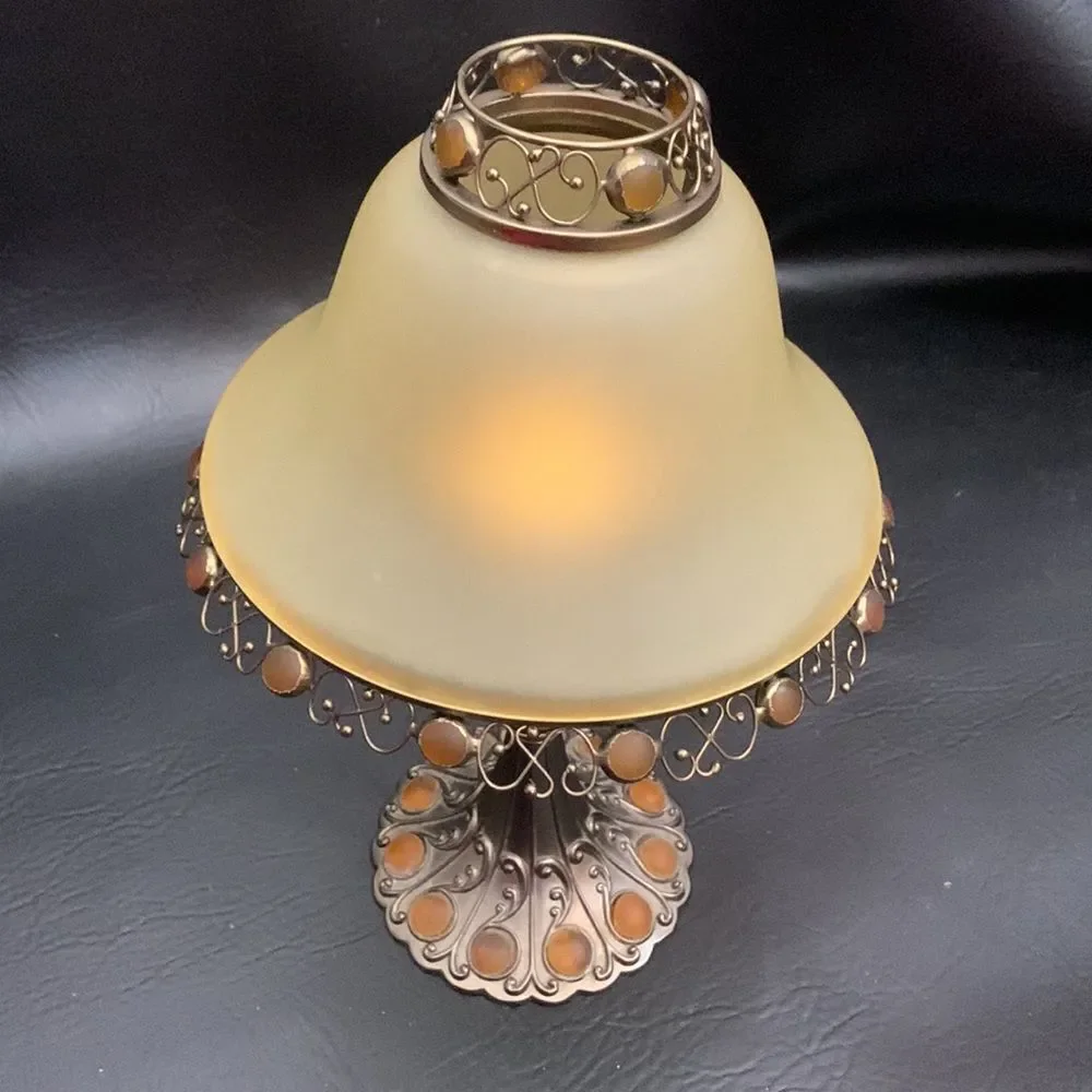 Party Light Votive Holder With Shade Gold Brass Amber Stones 12 1/2 Inches Tall